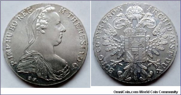 Maria Theresa 1 thaler 1780. Modern restrike. Ag 833. Weight; 28,06g. Diameter; 42mm. (II)