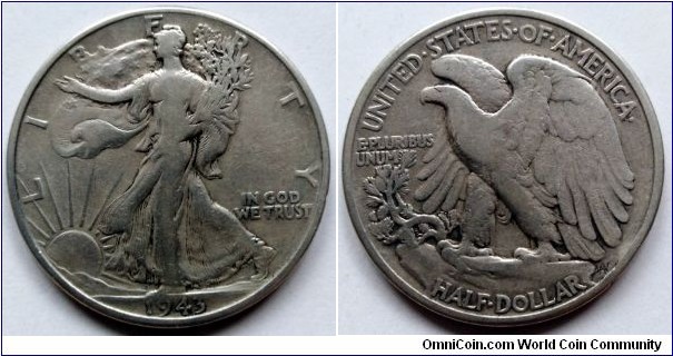 1943 Walking Liberty Half Dollar. Ag 900. Weight; 12,5g. Diameter; 30,6mm. 