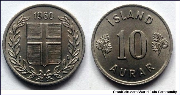 Iceland 10 aurar.
1960, Cu-ni.
