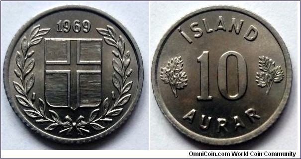 Iceland 10 aurar.
1969, Cu-ni (II)