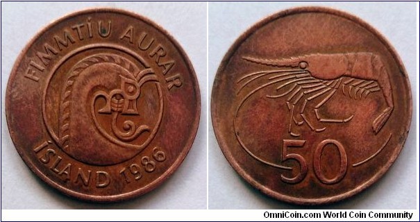 Iceland 50 aurar.
1986, Bronze plated steel.