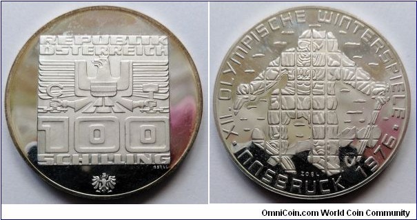 Austria 100 schilling.
1976, Winter Olympics - Innsbruck 1976. Ag 640. Weight; 23,93. Diameter; 36mm. Proof. Mintage: 186.000 pcs.