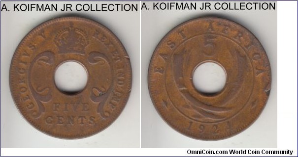 KM-18, 1924 East Africa 5 cents, Royal Mint (no mint mark); bronze, holed flan, plain edge; George V, well circulated, polished and a rim nick. 