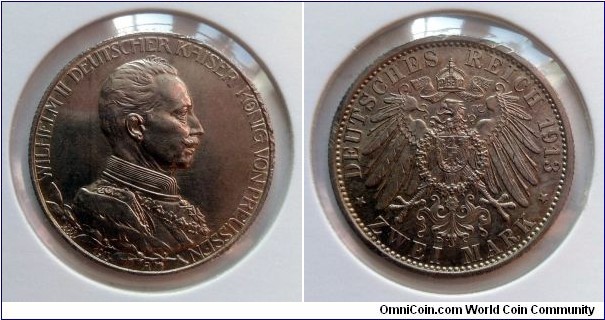 Kingdom of Prussia 2 mark. 1913 A, 25th Anniversary of the Reign of King Wilhelm II. Ag 900.  Weight; 11,11g. Diameter; 28mm. Mintage: 1.500.000 pcs.