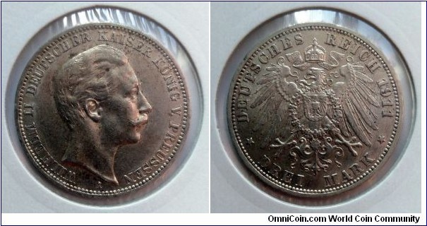 Kingdom of Prussia 3 mark. 1911 A, Ag 900. Weight; 16,66g. Diameter; 33mm. Mintage: 
3.241.770 pcs. 