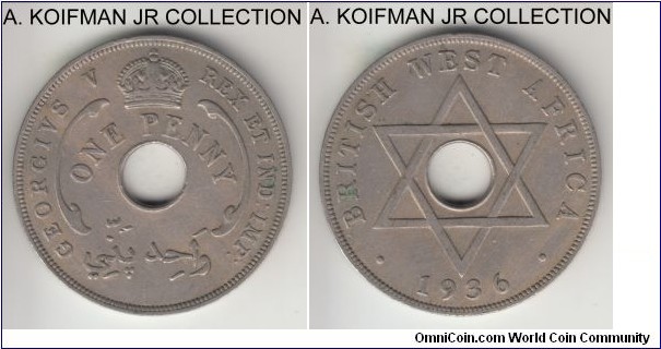 KM-9, 1936 British West Africa penny, Royal Mint (no mint mark); copper-nickel, holed flan, plain edge; George V last year, surprisingly uncommon despite large nominal mintage, decent circulated grade.