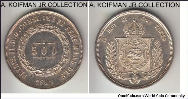 KM-464, 1862 Brazil 500 reis; silver, reeded edge; Pedro I, common imperial coinage, uncirculated or almost, likely old cleaning.