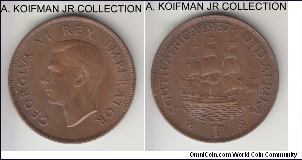 KM-25, 1937 South Africa (Dominion) penny; bronze, plain edge; George V, first, coronation year, light brown uncirculated.
