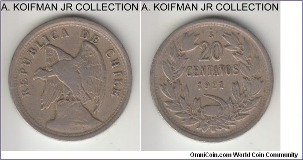 KM-167.1, 1921 Chile 20 centavos, Santiago mint (S mint mark); copper-nickel, plain edge; common issue, average circulated.