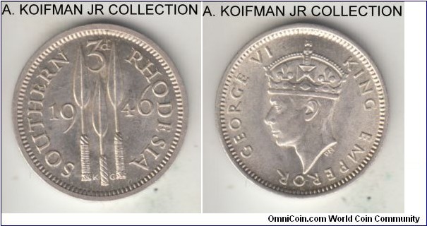 KM-16a, 1946 Southern Rhodesia 3 pence; silver, plain edge; George VI, last year of the silver coinage, bright uncirculated, few contact marks and what appear to be die breaks.