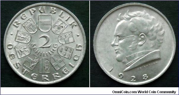 Austria 2 schilling.
1928, Franz Schubert. Ag 640. Weight; 12g. Diameter; 29,4mm. Mintage: 6.900.000 pcs.