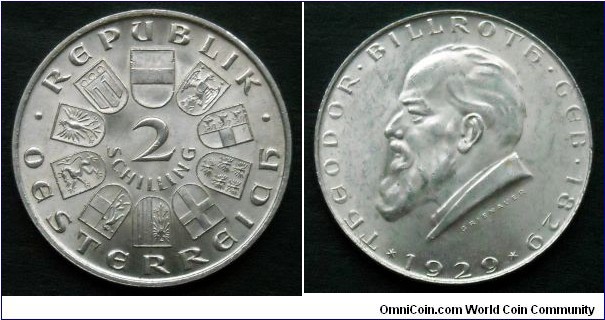 Austria 2 schilling.
1929, 100th Anniversary of birth of Theodor Billroth. Ag 640. Weight; 12g. Diameter; 29,4mm.
Mintage: 2.000.000 pcs.