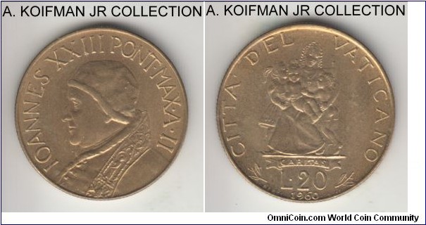 KM-62.2, 1960 Vatican 20 lire; aluminum-bronze, reeded edge; Year II of Pope John XXIII, mintage 50,000, good uncirculated.