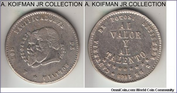 KM-145.2, Bolivia 1/2 melgarejo; silver, reeded edge; 10 gr, anpther die variety with differnt reverse positioning (A in AL VALOR points to T in POTOSI) very well struck coin, good very fine, old cleaning.
