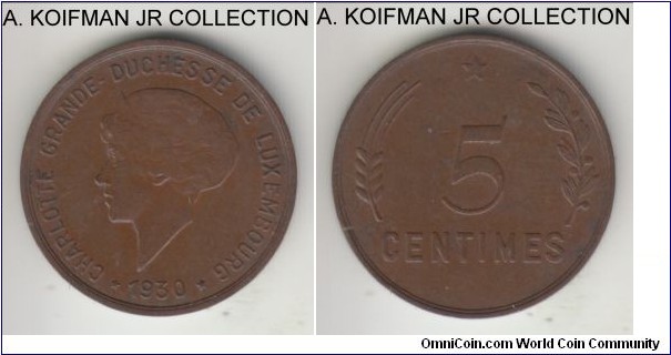 KM-40, 1930 Luxembourg 5 centimes; bronze, plain edge; Princess Charlotte, brown extra fine to about uncirculated.