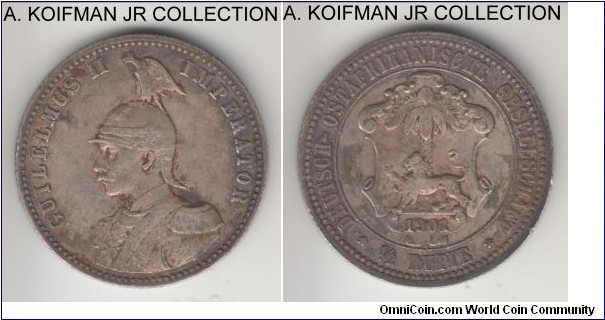 KM-4, 1901 German East Africa 1/2 rupie; silver, reeded edge; Wilhelm II, first and smaller mintage type, almost very fine.