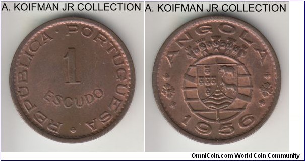 KM-76, 1956 Portuguese Angola escudo; bronze, plain edge; late colonial, mostly brown uncirculated.