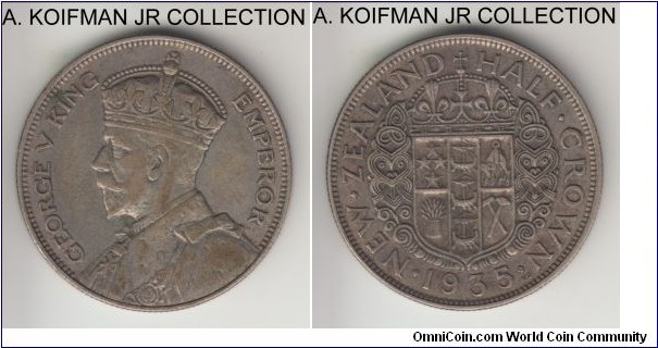 KM-5, 1934 New Zealand 1/2 crown; silver, reeded edge; George V, last year of the type and smaller mintage, very fine or almost, nice and dark natural toning.