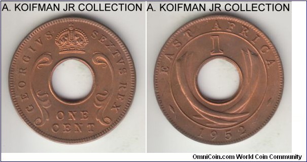 KM-32, 1952 East Africa cent, Royal mint (no mint mark); bronze, holed flan, plain edge; George VI, red brown uncirculated.