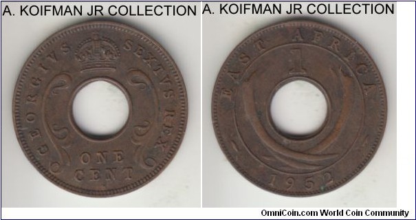 KM-32, 1952 East Africa cent, Heaton mint (H mint mark); bronze, holed flan, plain edge; George VI, last year, dark toned, extra fine or so.