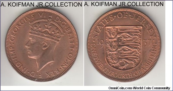 KM-17, 1937 Jersey 1/24 shilling; bronze, plain edge; George VI first, coronation year, mintage 72,000, bright red uncirculated.