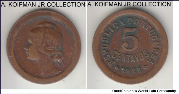 KM-572, 1925 Portugal 5 centavos; bronze, reeded edge; early Republican issue and scarcer year, small type, very fine or about.