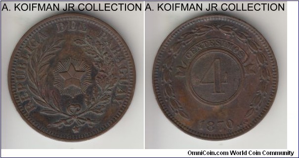 KM-4.1, 1870 Paraguay 4 centesimos, Heaton mint; copper, plain edge; 1-year type, decent circulated grade, very fine ro good very fine, single rim bump on this large and heavy coin.