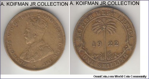 KM-12a, 1922 British West Africa shilling, Kings Norton mint (KN mint mark); tin-brass, reeded edge; George V, scarcer early type, good fine or so.