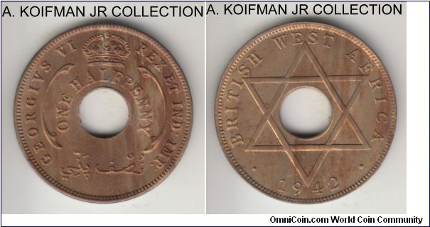 KM-18, 1942 British West Africa half penny, Royal mint (no mint mark); copper nickel, holed flan, plain edge; George VI, common war time year, uncirculated but some yellowish and streaky toning on both sides.