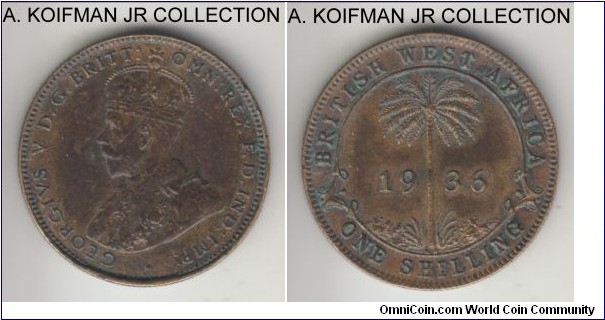 KM-12a, 1936 British West Africa shilling, Kings Norton mint (KN mint mark); tin-brass, reeded edge; George V, last year, more common than earlier years, dark toned extra fine, some grime between lettering.