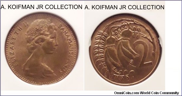 KM-33, 1967 New Zealand 2 cent, Royal Mint mule; bronze, plain edge; Elizabeth II, mule with bahamas 5 cents, est. mintage 50,000, ANACS graded MS 64 RB.