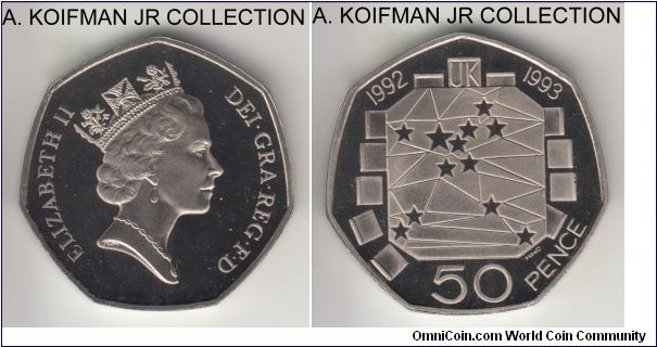 KM-963, 1992 Great Britain 50 pence; copper-nickel, curved heptagonal (7-sided) flan, plain edge; Elizabeth II, UK presidency in the EU Council of ministers commemorative, mintage 62,326 (Numista) to 100,000 (est. Krause), pleasing cameo proof.