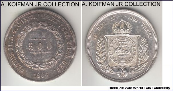 KM-464, 1866 Brazil (Empire) 500 reis; silver, reeded edge; Pedro II, almost uncirculated, cleaned.