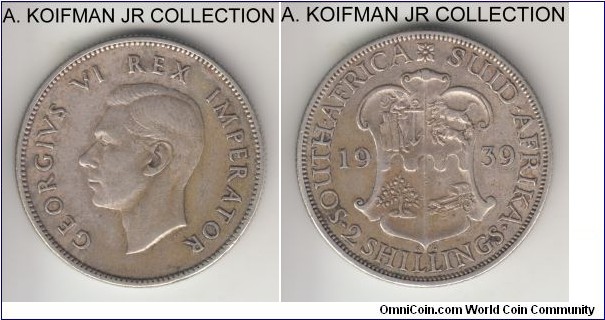 KM-29, 1939 South Africa (Dominion) 2 shillings; silver, reeded edge; George VI, early and surprisingly scarce mintage years, very fine or almost.