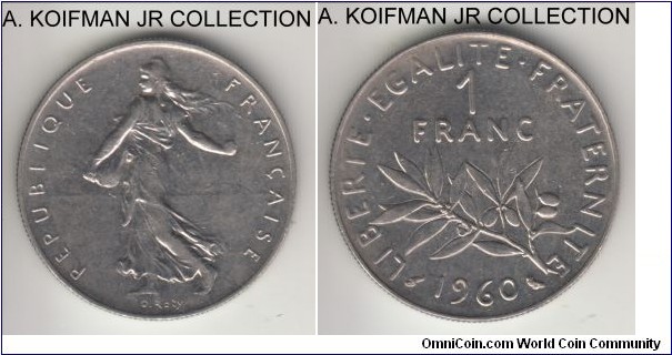 KM-925.1, 1960 France franc; nickel, reeded edge; Roty Sower type, first year of the new franc emission, seems to be a small 0 variety, uncirculated or almost, hard to say with nickel.