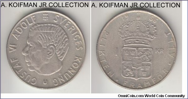 KM-826, 1966 Sweden krona; silver, reeded edge; Gustaf VI, average almost uncirculated, but not well struck, probably due to low silver content (.400).