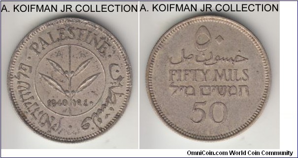 KM-6, 1940 Palestine 50 mils; silver, reeded edge; George VI British mandate period, extra fine to good extra fine, toned.