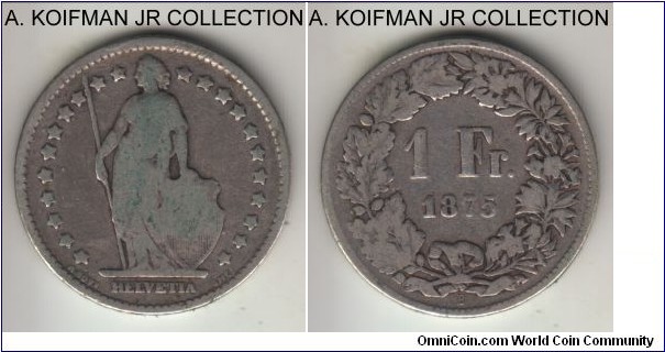 KM-24, 1875 Switzerland franc, Berne mint (B mint mint mark); silver, reeded edge; first year of the type, well circulated and likely cleaned at some point, very good to fine details.
