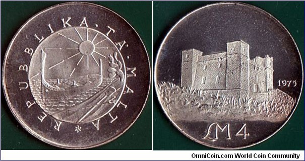 Malta 1975 4 Pounds.

Saint Agatha's Tower.

Misligned die error - obverse in the 1 O'Clock position.
