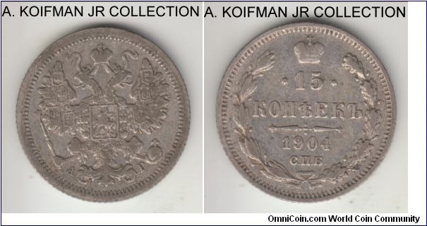 Y#20a.1, 1904 Russia (Empire) 15 kopeks, St. Petersburg mint (СПБ mint mark); silver, reeded edge; Nikolas II, almost very fine.