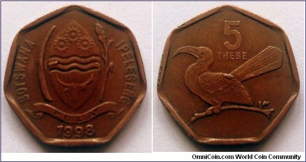 Botswana 5 thebe.
1998, Copper plated steel.