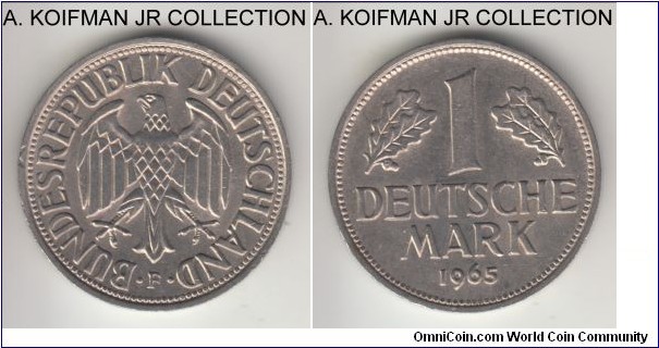 KM-110, 1965 German mark, Stuttgart mint (F mint mark); copper-nickel, plain ornamented edge; mid-range mintage numbers, decent extra fine or almost.