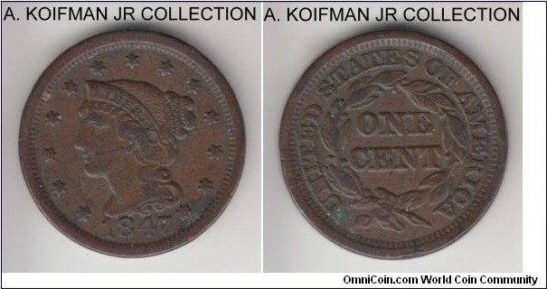 KM-67, 1847 Unites States cent; copper, plain edge; Braided hair cent, good details, extra fine, a bit dirty.