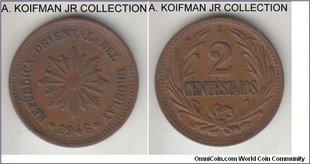 KM-20a, 1946 Uruguay 2 centesimos, Santiago de Chile mint (So mint mark); copper, plain edge; brown extra fine.