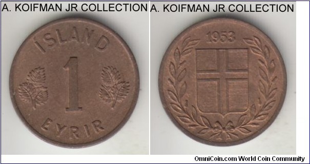 KM-8, 1946 Iceland eyrir; bronze, plain edge; decent toned uncirculated.