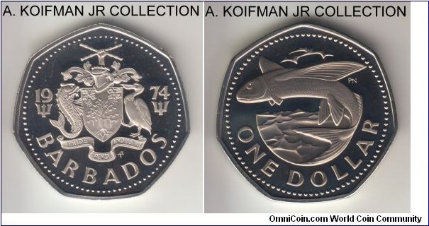KM-14.1, 1974 Barbados dollar, Franklin Mint (FM mintmark in monogram); proof, copper nickel, heptagonal (7-sided) flan, plain edge; mintage 30,000 in sets, obverse nice deep cameo, reverse has light toning.