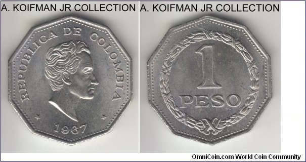 KM-229, 1967 Colombia peso; copper-nickel, decagonal (10-sided) flan, plain edge; 1-ear type, average uncirculated.