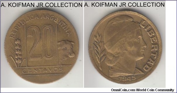 KM-42 (Prev. KM-17), 1945 Argentina 20 centavos; aluminum-bronze, reeded edge; common issue, average circulated, flat rim, weak strike.