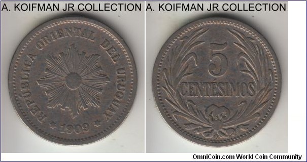 KM-20, 1909 Uruguay 5 centesimos, Vienna mint ( A mint mark); copper-nickel, plain edge; average circulated, good fine or so.