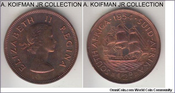 KM-45, 1954 South Africa (Dominion) half penny; proof, bronze, plain edge; Elizabeth II, mintage 3,150 in proof sets, key year of the whole type due to low business strike mintage, mostly brown toned and unmistakably proof.